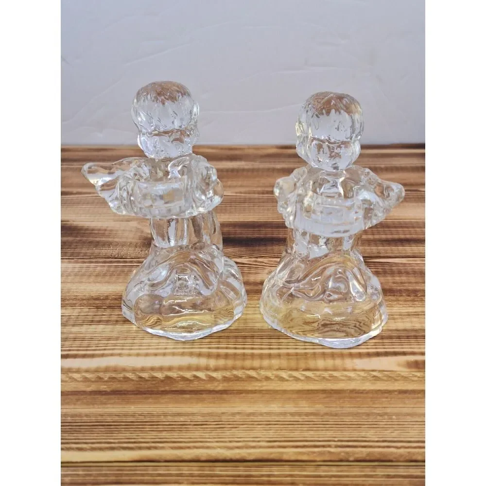 Set Of‎ 2 Kneeling CHRISTMAS TAPERED GLASS ANGEL CANDLE Holders 4.25
